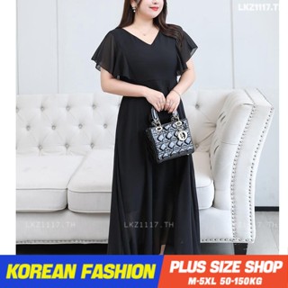 Plus size เสื้อผ้าสาวอวบ❤ เดรสสาวอวบอ้วน ไซส์ใหญ่ ผู้หญิง เดรสชีฟอง ยาว แขนสั้น คอวี สีดำ ฤดูร้อน สไตล์เกาหลีแฟชั่น