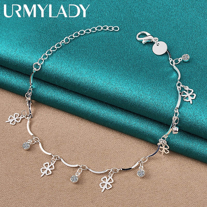 Urmylady สร้อยข้อมือเงินแท้ 925 จี้เพทาย รูปใบโคลเวอร์สี่แฉก ทรงกลม เครื่องประดับแฟชั่น สําหรับผู้หญิง งานแต่งงาน ปาร์ตี้
