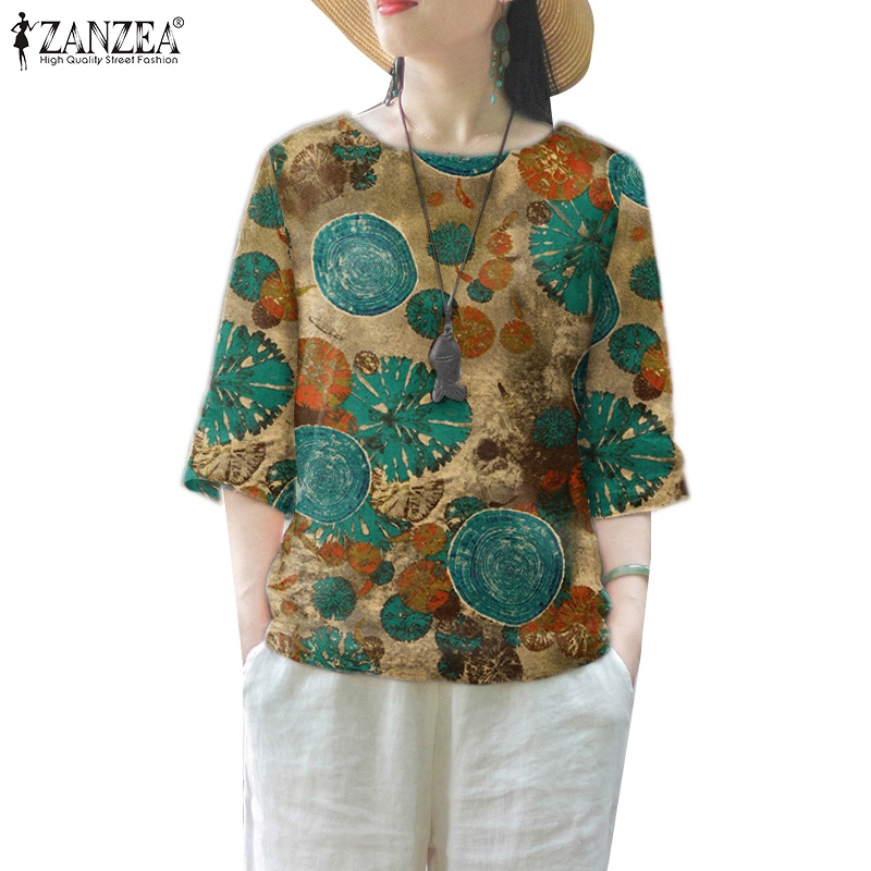 Zanzea Celmia เสื้อเบลาส์ลําลอง คอกลม แขน 3/4 พิมพ์ลาย สําหรับสตรี