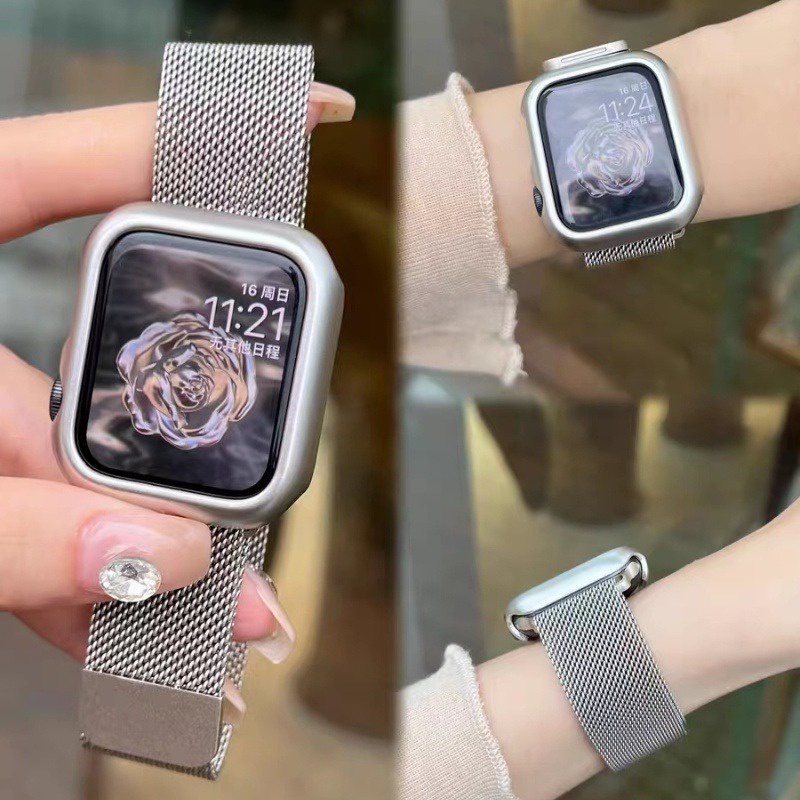 สายนาฬิกาข้อมือแม่เหล็ก พร้อมเคส สําหรับ Apple watch Strap 44 มม. 40 มม. 45 มม. 41 มม. 42 มม. 38 มม. 45 44 มม. i watch Series 3 4 5 6 SE 7 8 9 Ultra 2 49 มม.