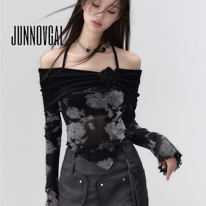 Junnovgal เสื้อยืดแขนยาว เปิดไหล่ ทรงหลวม พิมพ์ลาย แฟชั่นสําหรับผู้หญิง 2023