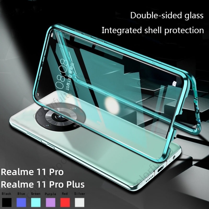 เคสโทรศัพท์มือถือกระจกนิรภัยแข็ง แบบฝาพับแม่เหล็ก สองด้าน กันกระแทก สําหรับ Realme 11 Pro Plus 11Pro+ Realme11Pro 5G