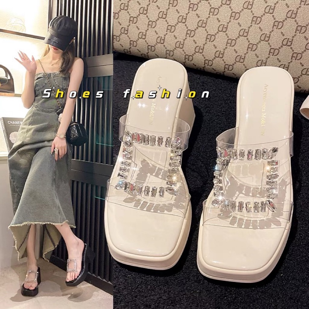 Shoes fasghion พร้อมส่งจากไทย NEW TX502 รองเท้าแตะส้นสูง พื้นหนา8CM แต่งเลื่อมแฟชั่น  ใส่สบาย กันลื่น ลำลอง (มีกล่อง)