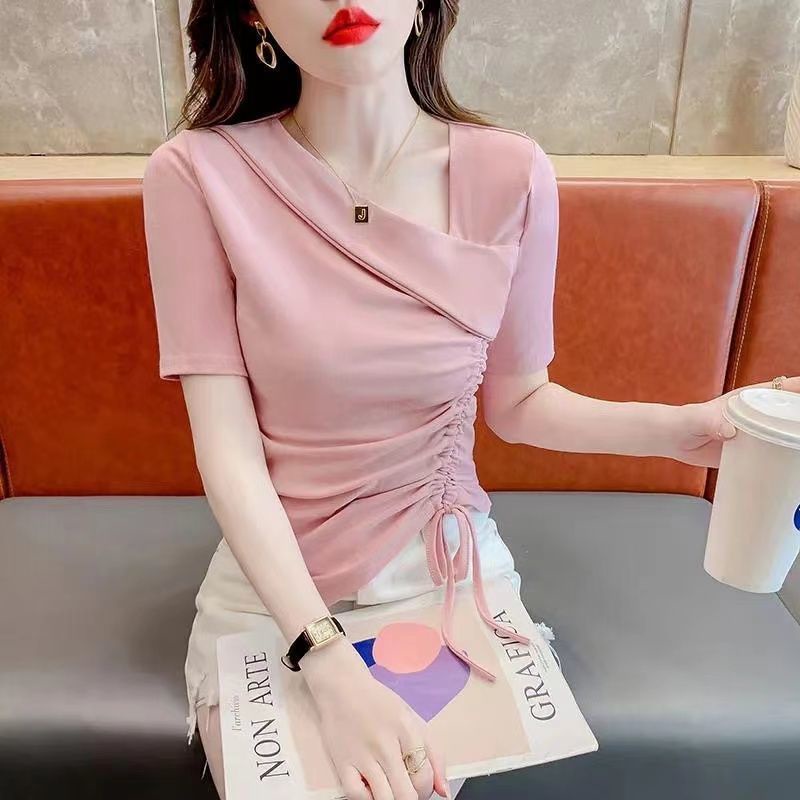 เสื้อคอวี ทรงไม่สมมาตร แฟชั่นฤดูร้อน สําหรับผู้หญิง