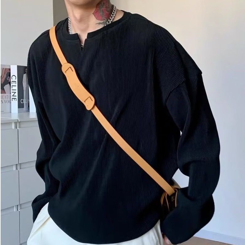 เสื้อยืดแขนยาว คอวี แต่งจับจีบ ขนาดเล็ก ระดับไฮเอนด์ แฟชั่นฤดูใบไม้ผลิ และฤดูร้อน สําหรับผู้ชาย