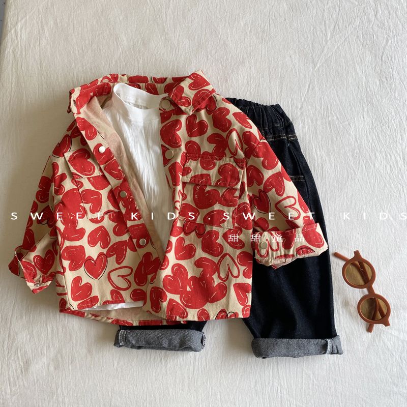 พร้อมส่ง เสื้อแจ็กเก็ต คอปก พิมพ์ลายการ์ตูนหัวใจ สไตล์เกาหลี แฟชั่นฤดูใบไม้ผลิ สําหรับเด็กผู้ชาย และเด็กผู้หญิง 2023