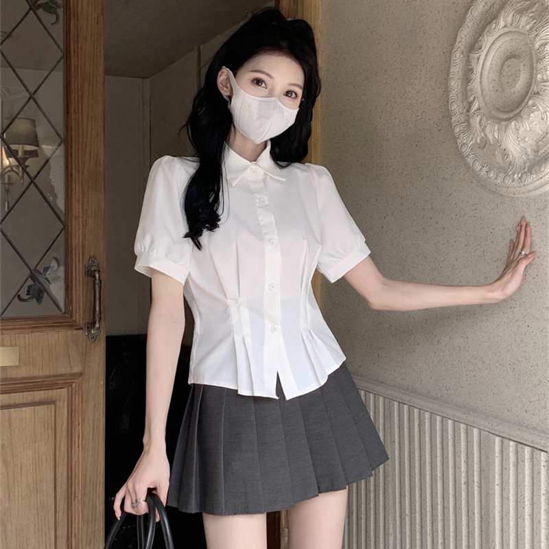 เสื้อเชิ้ต แขนสั้น แขนพอง สีขาว แฟชั่นฤดูร้อน สําหรับผู้หญิง