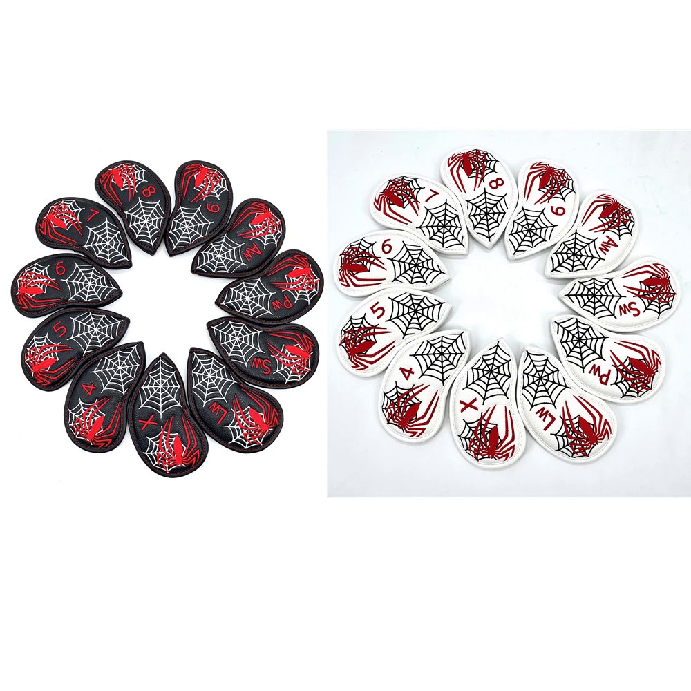 11pcs/set White/Black Optional PU Leather with Spider Embroidery Golf Club Iron Head Cover 4,5,6,7,8