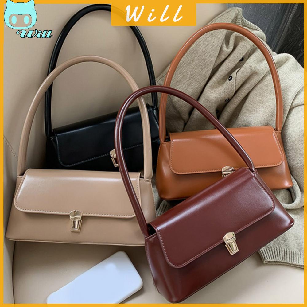 จะ กระเป๋าสะพายไหล่ กระเป๋าถือ หนัง PU ทรงโท้ท สีพื้น สไตล์เรโทร สําหรับผู้หญิง