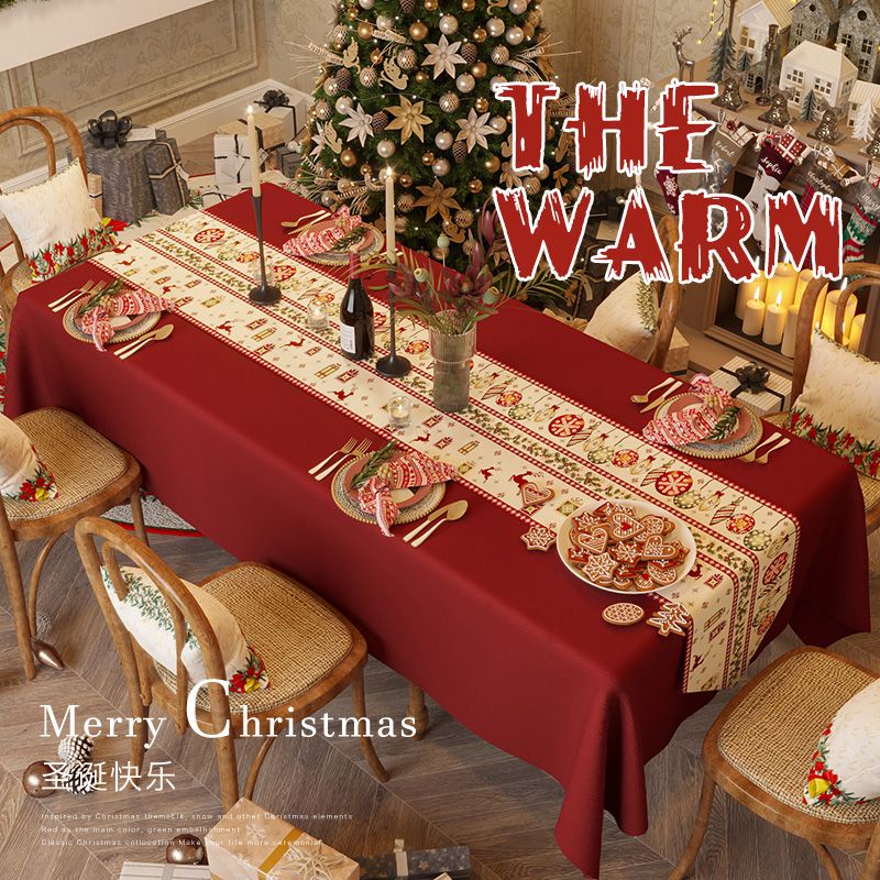 ผ้าปูโต๊ะน้ำชาคริสต์มาสสีแดงกันน้ำ Chenille