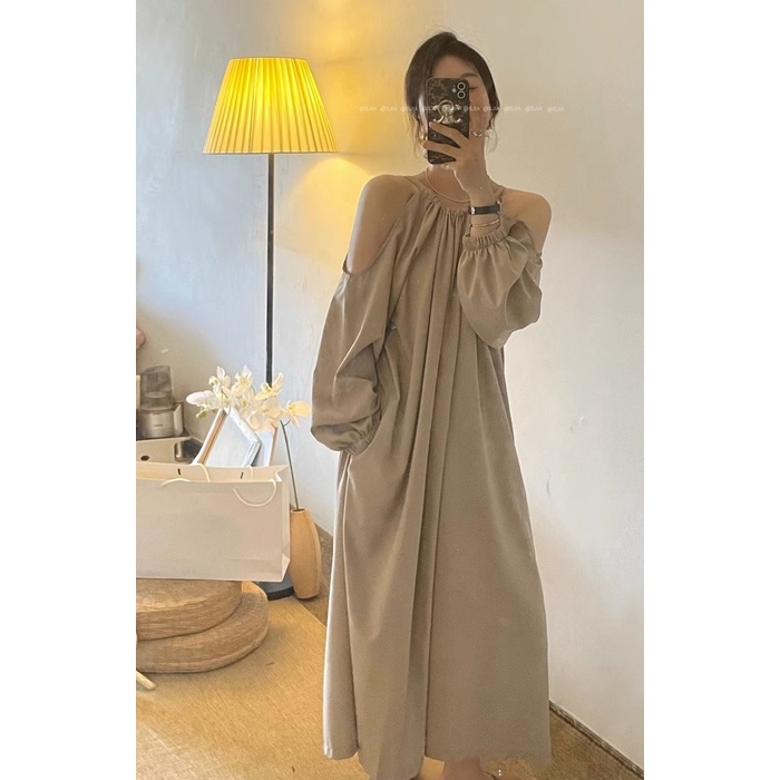 Xiao2 FRUITY เกาหลี Cool สไตล์ Drawstring Strapless แขนยาวชุดหญิงฤดูใบไม้ร่วงหลวม Slimmer ดู Classy กระโปรงยาว MC ชุด GYPU