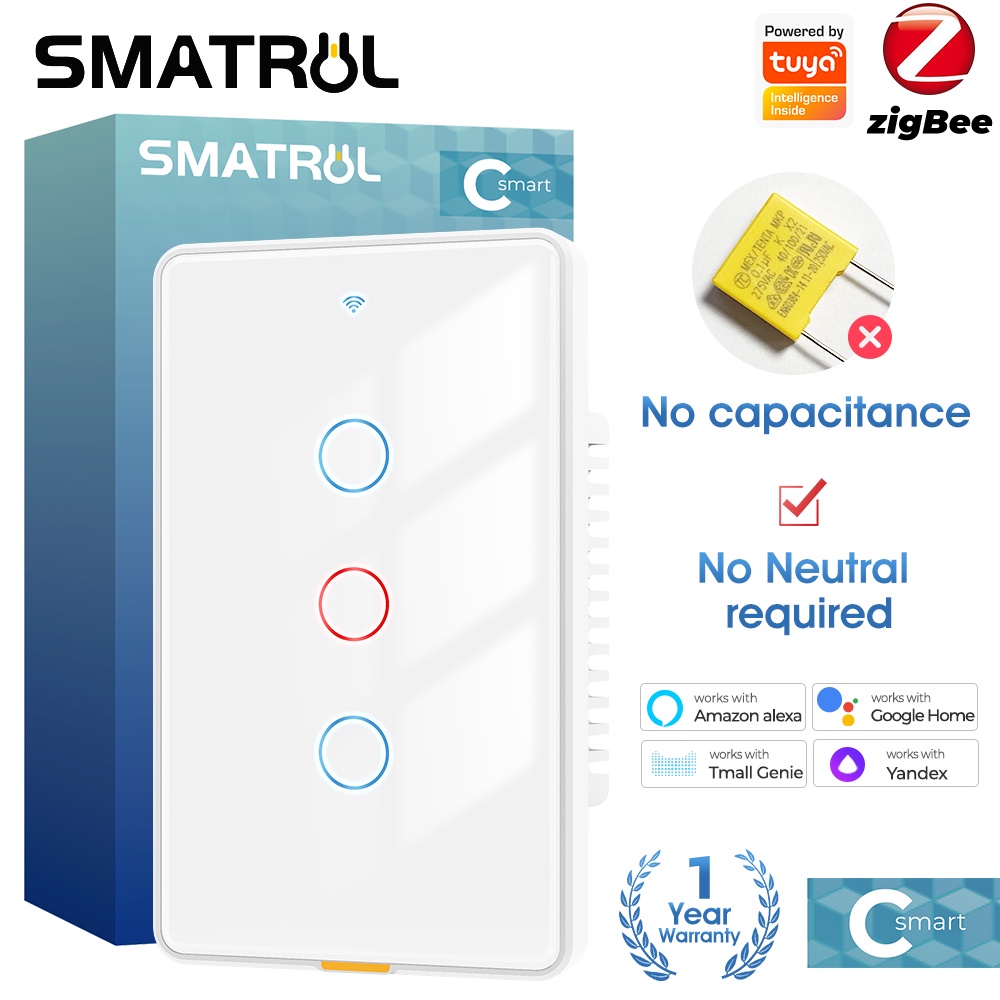 SMATRUL Tuya Zigbee สมาร์ทสวิทช์ไฟสวิทช์สัมผัสไม่มี Neutral Wire Wall รีเลย์แม่เหล็ก US 100-250 V เสียง App Tmall Genie, Alexa, Google Home ไม่จำเป็นต้องใช้ตัวเก็บประจุ