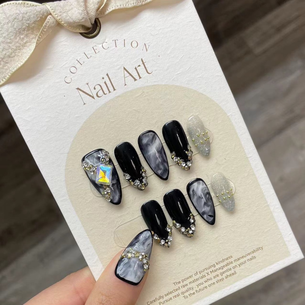 HANDMADEArtificial Nail Dark Sfumato Black Babes Hand-Painted Diamond Gems Phototherapy Nails เล็บนํ