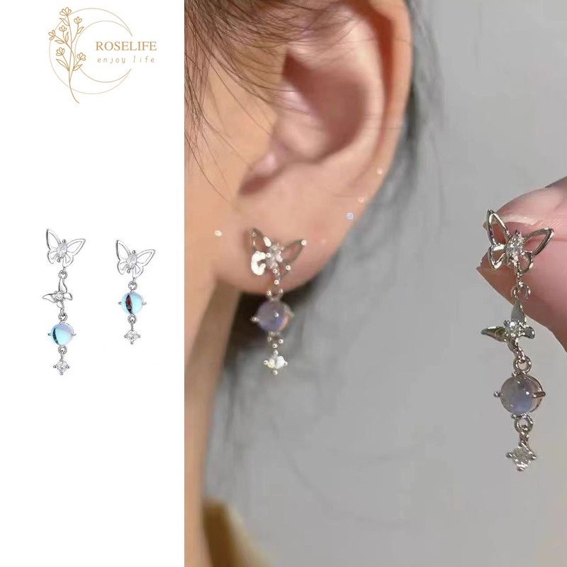 Roselife ต่างหูเงิน 925 จี้โอปอล รูปผีเสื้อ เครื่องประดับ สําหรับผู้หญิง งานหมั้น งานแต่งงาน ปาร์ตี้ ของขวัญ