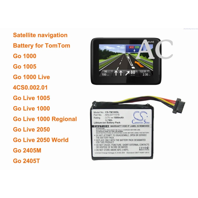 AC Cameron Sino 1000mAh Battery AHL03711018, VF1C for TomTom Go 1000, 1000 Live, 1005, 2405M, 2405T,