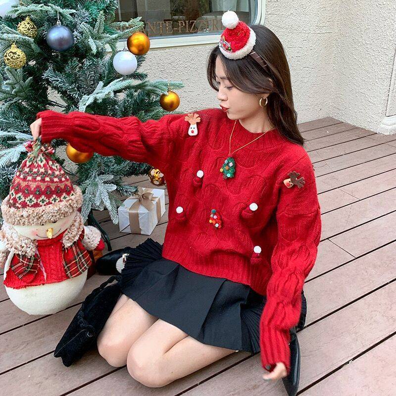 ขายดี เสื้อกันหนาว คอกลม ทรงหลวม สามมิติ สีแดง สไตล์ใหม่ แฟชั่นฤดูใบไม้ร่วง ฤดูหนาว สําหรับผู้หญิง