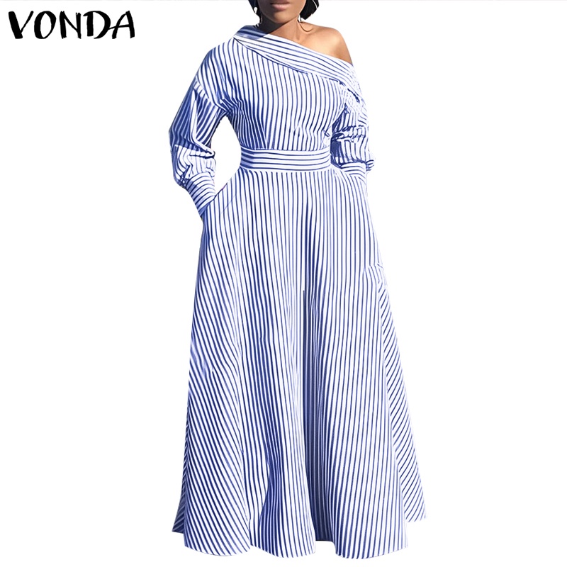 Vonda ชุดเดรสลําลอง แขนยาว ลายทาง มีกระเป๋าด้านข้าง สไตล์วินเทจ สําหรับผู้หญิง