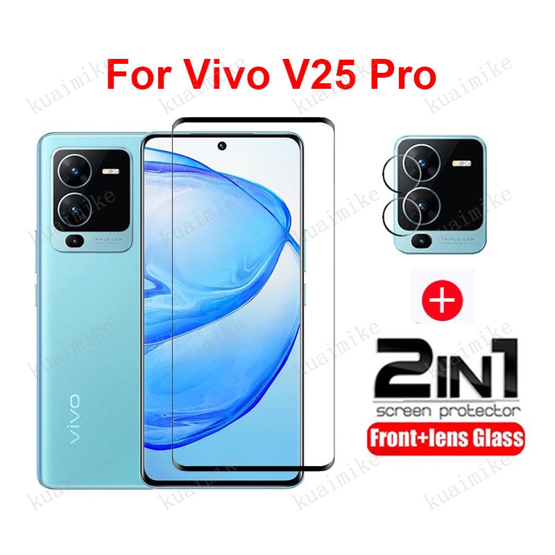 Vivo V25 Pro 5G กระจกนิรภัย 2 ใน 1 ป้องกันหน้าจอสําหรับ Vivo V29 V27 V25 V20 Pro V23 V21 V29e V27e V25e V23e V21e V20 SE กระจกนิรภัยพร้อมเลนส์กล้องกระจก