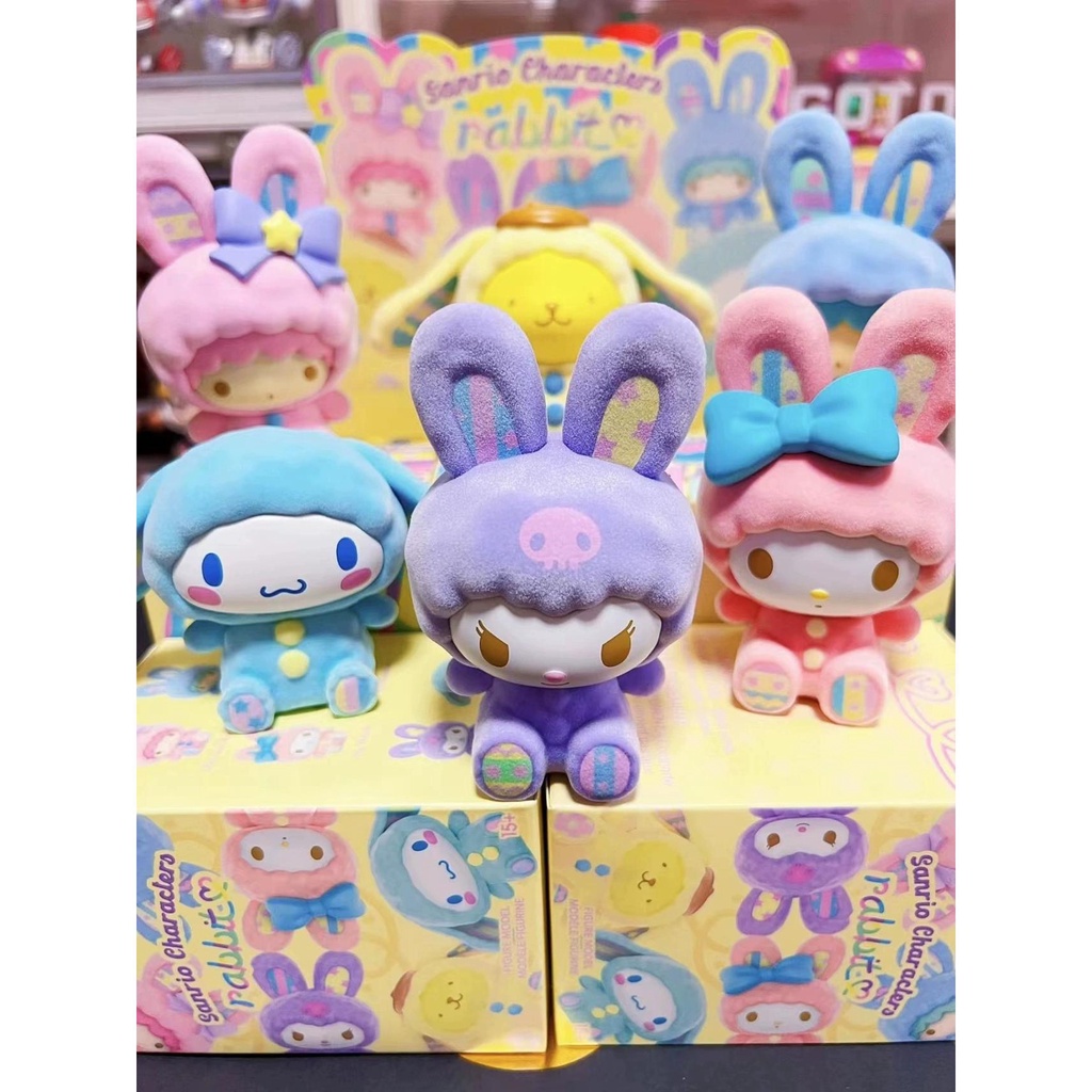 ของแท้ ตุ๊กตาฟิกเกอร์ miniso Sanrio Flocking Bunny Mystery Box Cinnamon Dog Kuromi ของเล่นสําหรับเด็ก