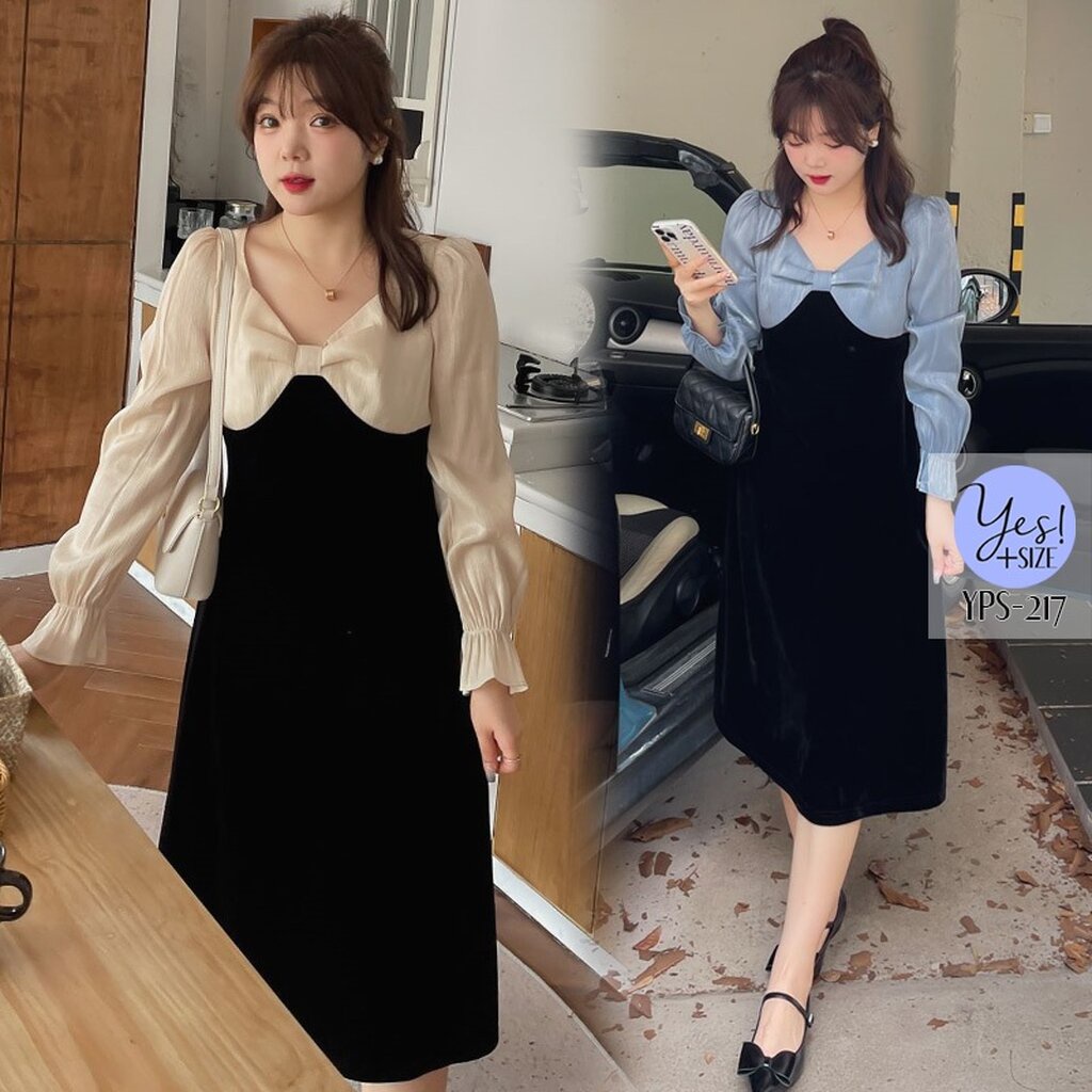 ชุดเดรสยาวสาวอวบ อก 38-49 นิ้ว เดรสแขนยาวกำมะหยี่สีดำ ช่วงอกโบว์+แขนผ้าวิ้งๆ ลุคคุณหนู สีครีม/สีฟ้า YPS-217
