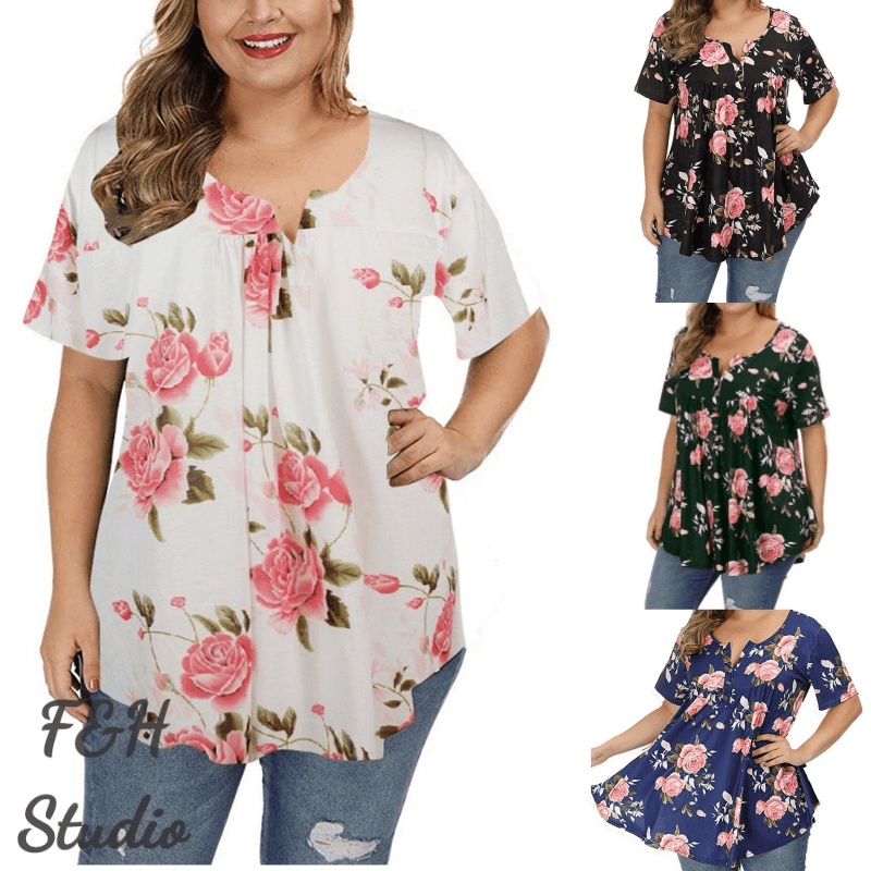 F&H 4035-4 สี S-5XL ฤดูร้อนผู้หญิงแขนสั้น V คอ Plus ขนาดพิมพ์เสื้อยืด