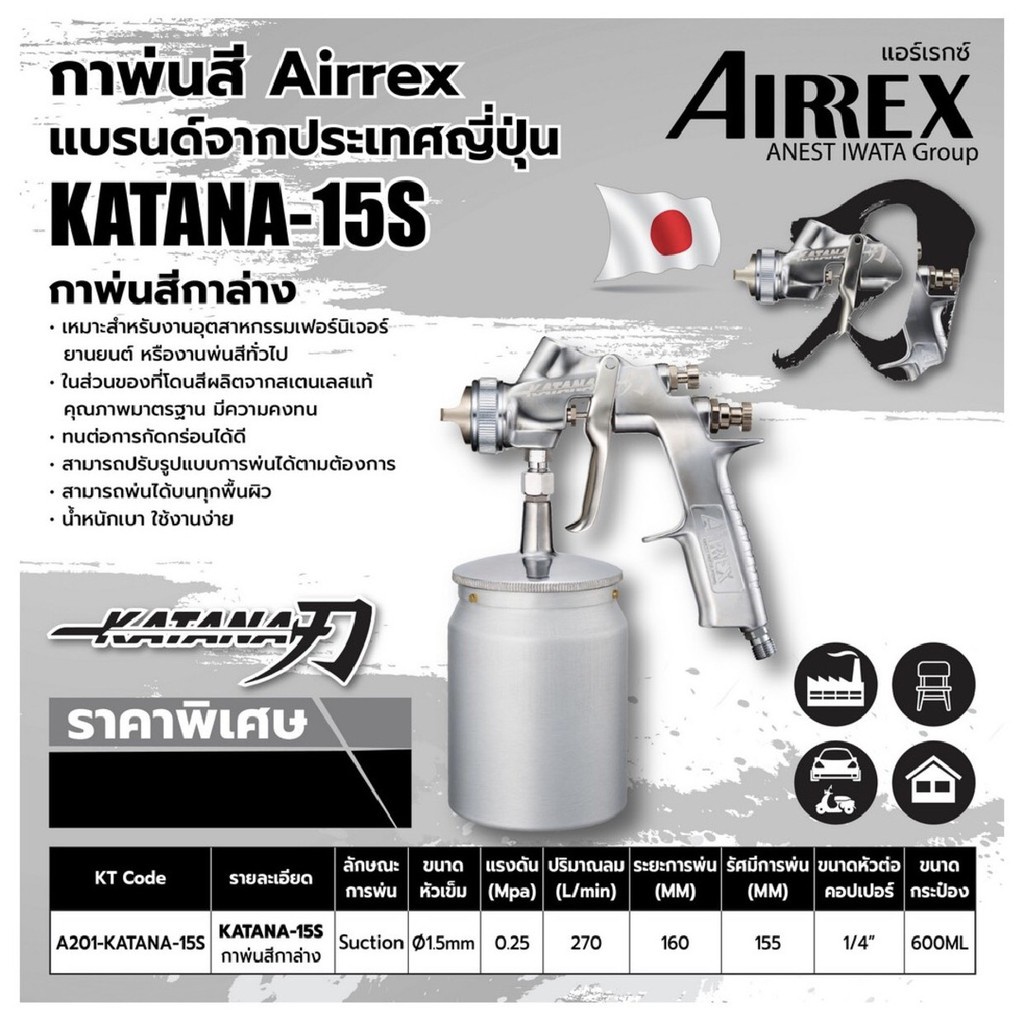 กาพ่นสี AIRREX by IWATA japan รุ่น KATANA-15s แบรนด์จากญี่ปุ่น  กาล่าง หัว 1.5