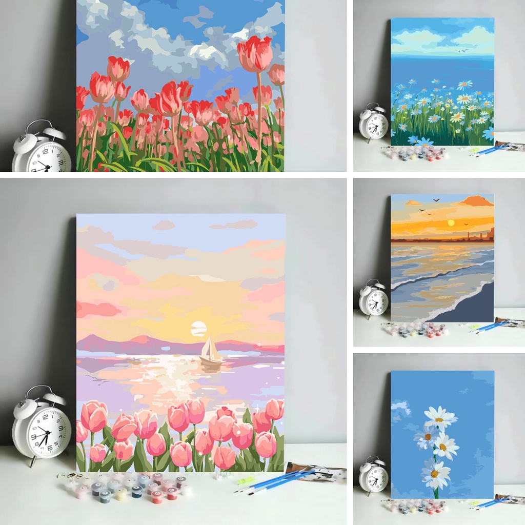 [มีเฟรม] 30*40ซม ภาพระบายสีตามตัวเลข จิตรกรรมภูมิทัศน์ดอกไม้ ของขวัญ DIY ประกอบด้วยเครื่องมือ กรอบ ส่งมอบทันที