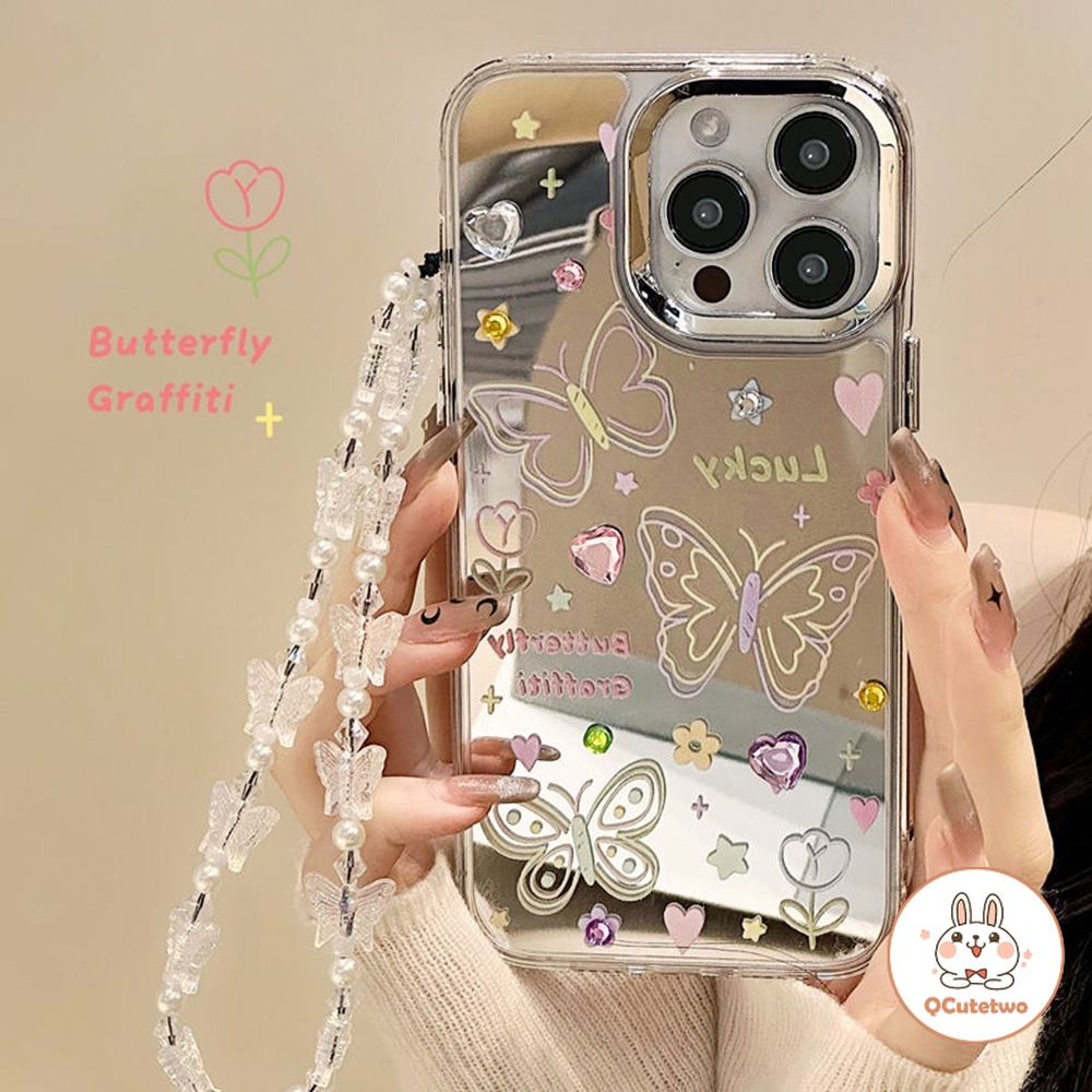 เคสโทรศัพท์มือถือ กันฝุ่น ปิดด้านหลัง ลายผีเสื้อ พร้อมกระจก และสายคล้อง ประดับเพชร หลากสี สําหรับ Iphone 11 Pro Max 14 15 12 13 Pro Max XR XS 7Plus 8Plus