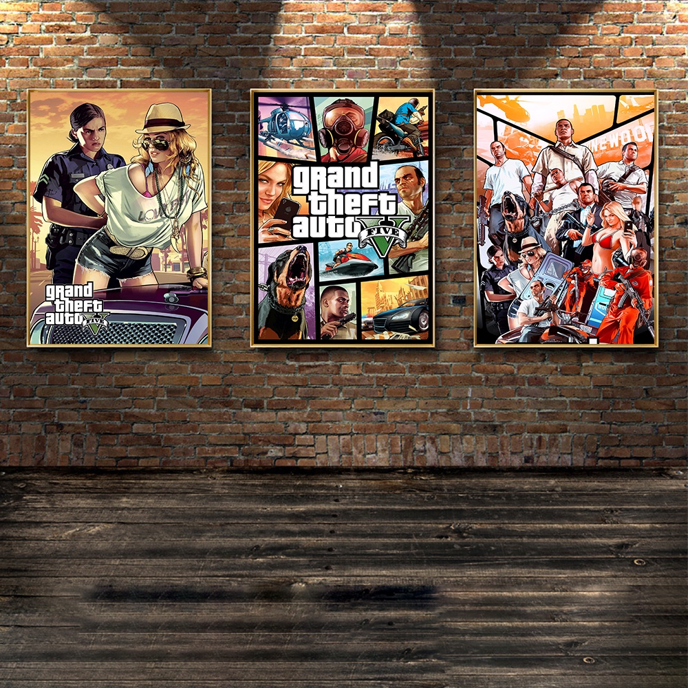 Grand Theft Auto 5 Game Art Retro โปสเตอร์ GTA 5 Mural living รูปภาพห้องนั่งเล่น เกมมิ่ง ภาพวาดคุณภาพ โปสเตอร์ผ้าใบ ภาพวาด