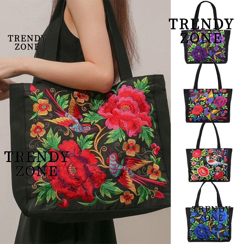 Trendyzone กระเป๋าสะพายไหล่ กระเป๋าถือ กระเป๋าช้อปปิ้ง ผ้าแคนวาส ปักลาย ความจุขนาดใหญ่ สไตล์ชนเผ่า สําหรับผู้หญิง