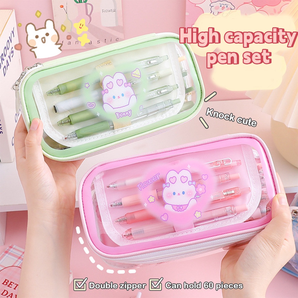 กระเป๋าดินสอ ปากกา เครื่องเขียน กันน้ํา จุของได้เยอะ ลายการ์ตูน สีโปร่งใส สําหรับนักเรียน