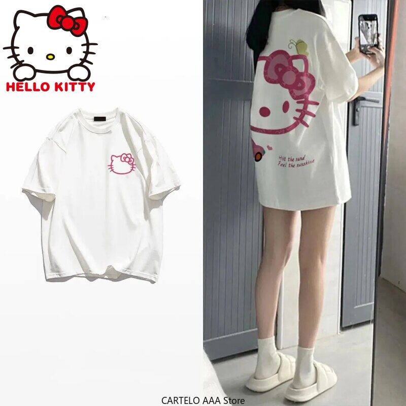 Summer Hello Kitty Cal Short Sleeved T Shirt For Women Loose Korean Fashion Y2k Top Sanrio Clothes S