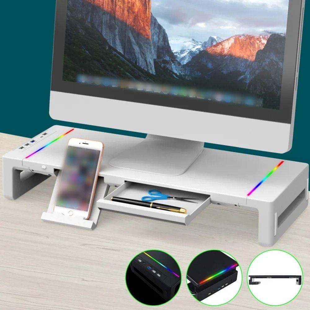 Echoglide Monitor Stand Riser พร้อม USB, พร้อมลิ้นชักเก็บขาตั้งคอมพิวเตอร์พับได้, ไฟ RGB ที่วางโทรศัพท์ USB 3.0 & 2.0 Hub คีย์บอร์ดเมาส์ชั้นเก็บสํานักงาน