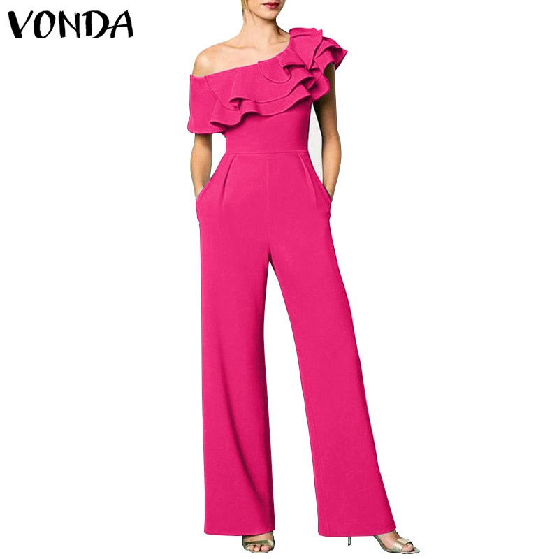 Vonda ชุดจั๊มสูท แขนสั้น แต่งระบาย สีพื้น สไตล์วินเทจ แฟชั่นสําหรับผู้หญิง