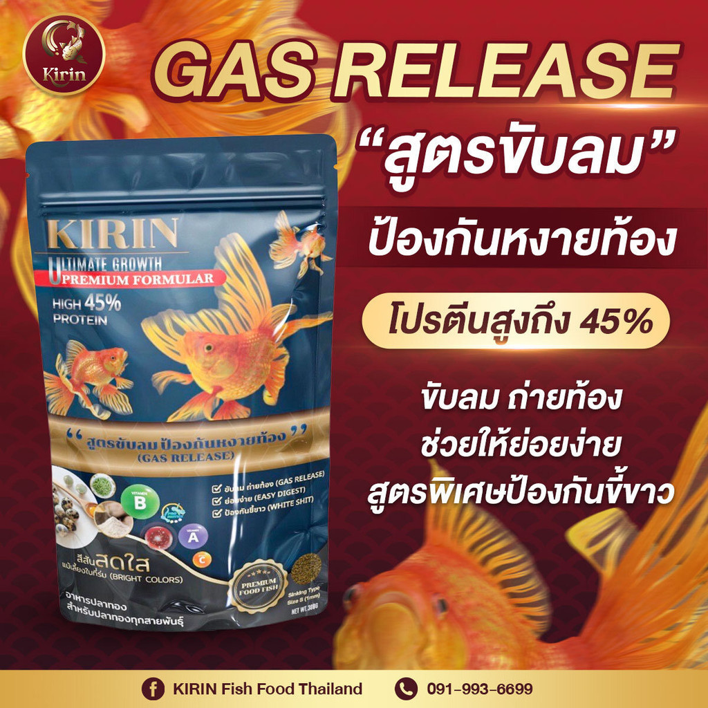 KIRIN GAS RELEASE อาหารปลาทอง คิริน สูตรขับลม ป้องกันหงายท้อง (BLUE) 300 g. โปรตีนสูง 45% เม็ดจม