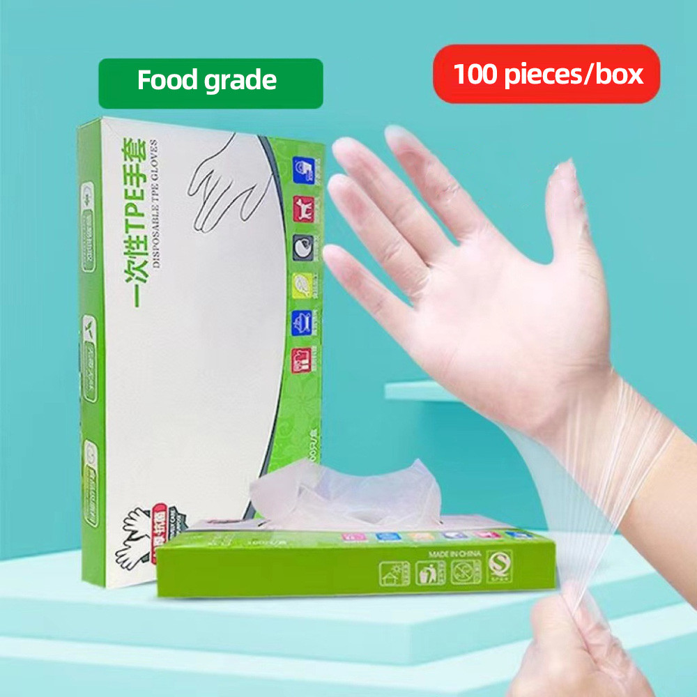 【100 ชิ้น/กล่อง】ถุงมือ TPE แบบใช้ครั้งเดียว หนาและทนทาน PVC ระดับอาหาร สำหรับการป้องกันขณะอบในบ้าน