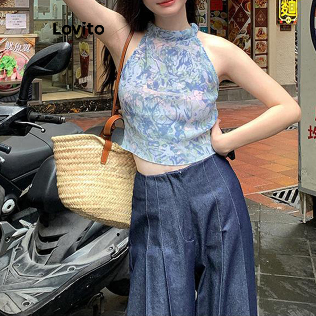 Lovito เสื้อแขนกุดผู้หญิง ลายดอกไม้ ขอบหยัก มีกระดุม สีพื้น สไตล์ลำลอง LNE67183
