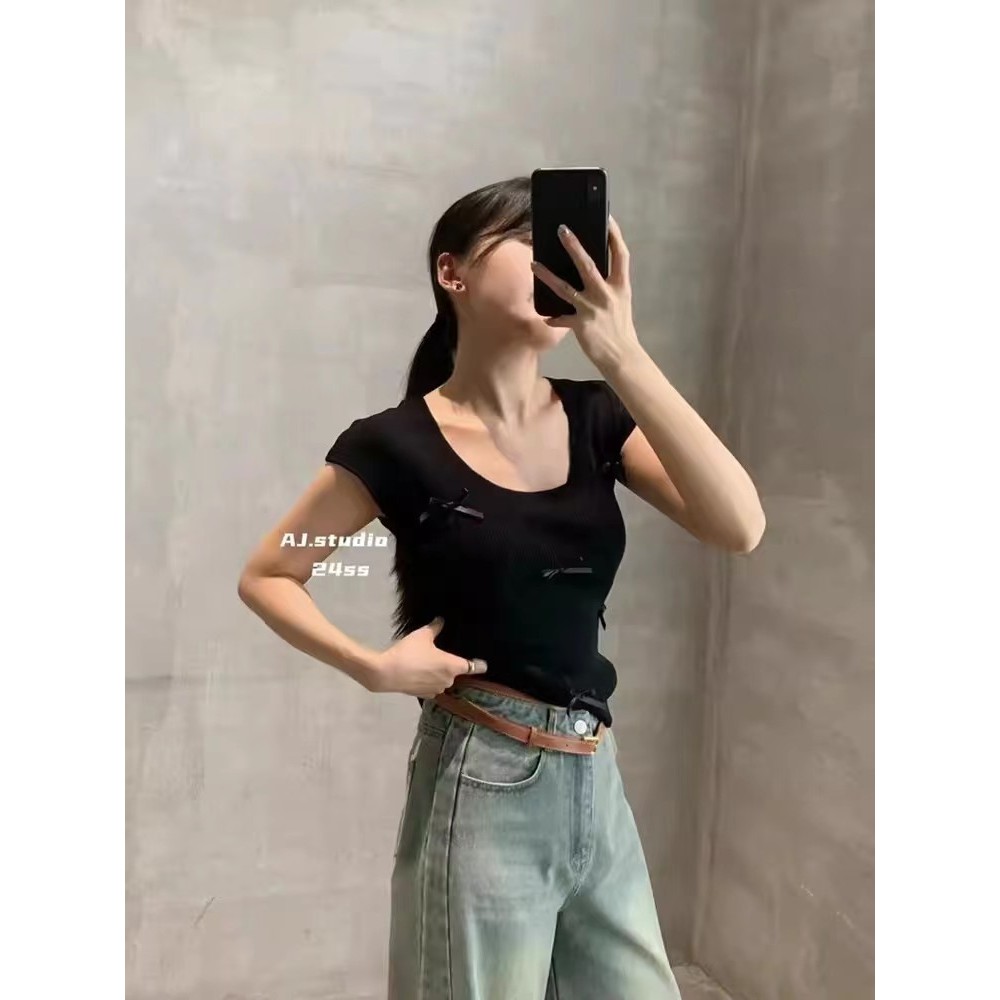 แฟชั่นผู้หญิง 13 เส้น เสื้อถักโบว์ผูกแบบสบายๆ ฤดูร้อนใหม่ เกาหลี หวาน เสื้อคอ U Jia Xige Zhuode TXQJ