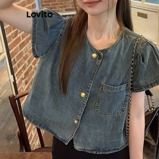 Lovito เสื้อยีนลําลอง แต่งกระดุม สําหรับผู้หญิง LNA21050 (สีฟ้า)