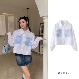 MANSA white printed shirt เสื้อแขนพอง เสื้อเกาหลีผู้หญิง