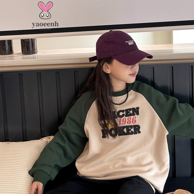 【YAOEENH】พร้อมส่ง เสื้อกันหนาว คอกลม แขน Raglan พิมพ์ลาย ทรงหลวม ขนาดใหญ่ 120-170 ซม. สีตัดกัน แฟชั่นฤดูใบไม้ผลิ และฤดูใบไม้ร่วง สําหรับเด็กผู้หญิง