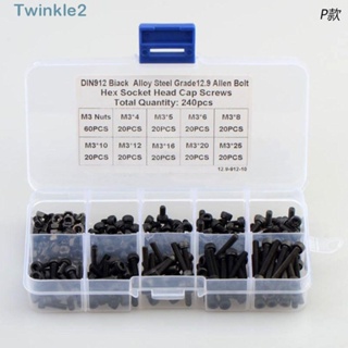 Twinkle สกรู M3 4-25 มม. สีดํา พร้อมกล่องเก็บ 9 ขนาด 12.9 DIY 240 ชิ้น