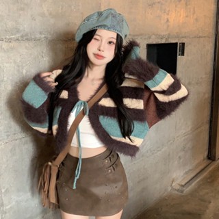 เสื้อคาร์ดิแกนกันหนาว ผ้ากํามะหยี่ขนนิ่ม ทรงหลวม ลายทาง สีตัดกัน สําหรับผู้หญิง