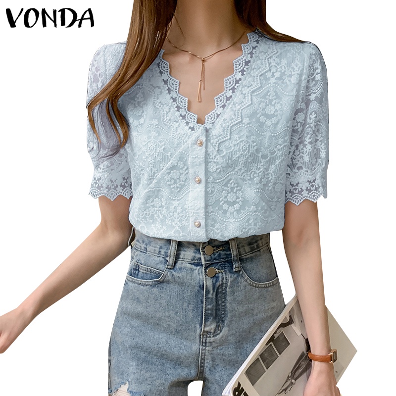 Vonda เสื้อเชิ้ต คอวี แขนพอง ผ้าพิเศษ ทรงตัว H สีพื้น สไตล์เกาหลี สําหรับผู้หญิง