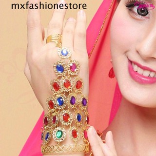 Mxfashione สร้อยข้อมือ ประดับเพชร พลอยเทียม พร้อมแหวน โลหะผสม สไตล์อินเดีย สําหรับเต้นรําหน้าท้อง