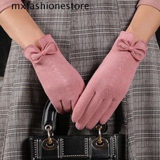 Mxfashione ใหม่ ถุงมือหนังนิ่ม แบบเต็มนิ้ว ประดับโบว์ ลายจุด กันลื่น ให้ความอบอุ่น แฟชั่นฤดูใบไม้ร่วง สําหรับผู้หญิง