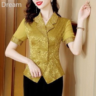 Suit collar satin embroidered shirt womens short-sleeved design shirt fashion slimming shirt