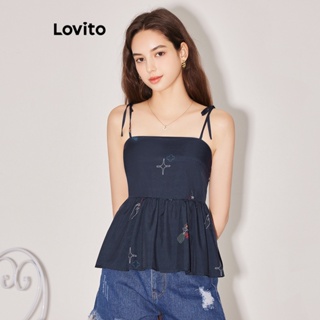 Lovito เสื้อแขนกุดแบบผูกเชือก ลายดอกไม้ หรูหรา สำหรับผู้หญิง L59ED023 (สีกรมท่า)