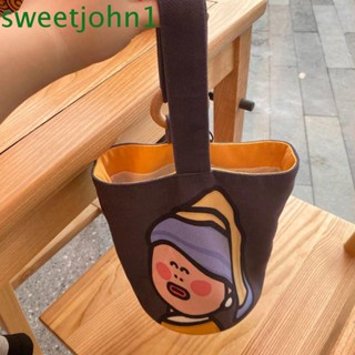 Sweetjohn กระเป๋าถือ ผ้าแคนวาส ทรงโท้ท ใส่กล่องอาหารกลางวัน ลายการ์ตูน ประดับไข่มุก ความจุขนาดใหญ่ ใช้ซ้ําได้ สําหรับแม่ และเด็ก