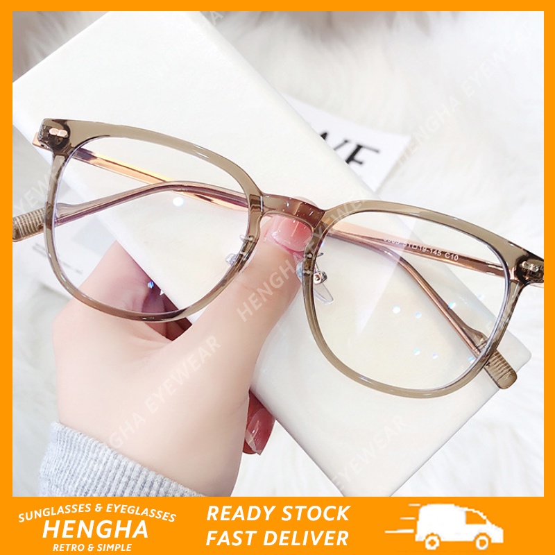 (HENGHA) สีน้ําตาล กรอบสี่เหลี่ยม ป้องกันรังสี แว่นตาผู้หญิง แฟชั่นเกาหลี โลหะ วัด แว่นตา
